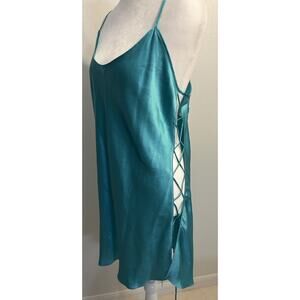 Vintage 90's Victoria's Secret Silk Slip Dress Nightgown Teal Tie Up Side L NWOT
